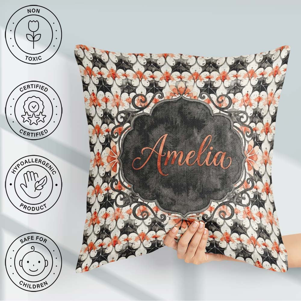 Custom Name Ornate Floral Tile Pattern with Red Accents Seamless Square Filled Cushion Throw Pillow Sofa Bed Home Decor Zip Washable UK Made