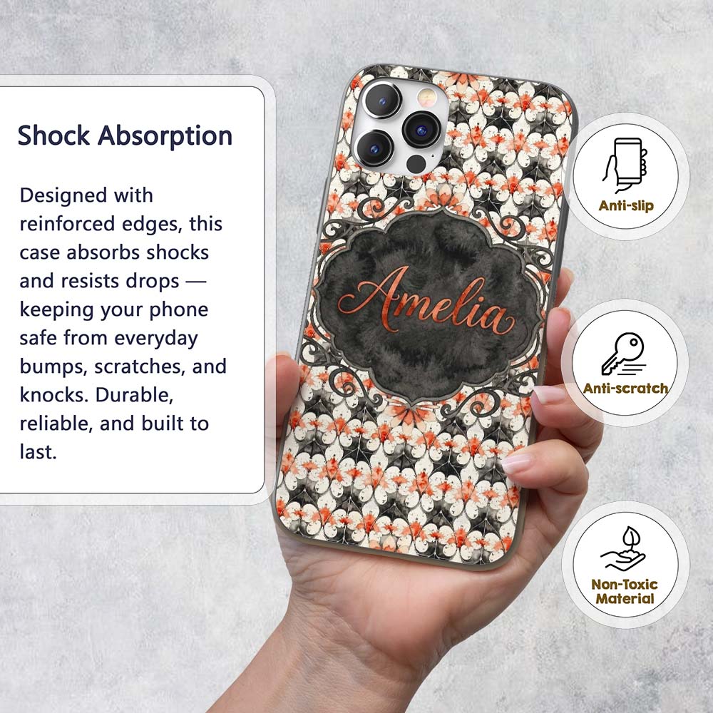 Ornate Floral Tile Pattern with Printed Design Custom Name Protective Phone Case Mobile Cover Durable Everyday Smartphone Shock Resistant