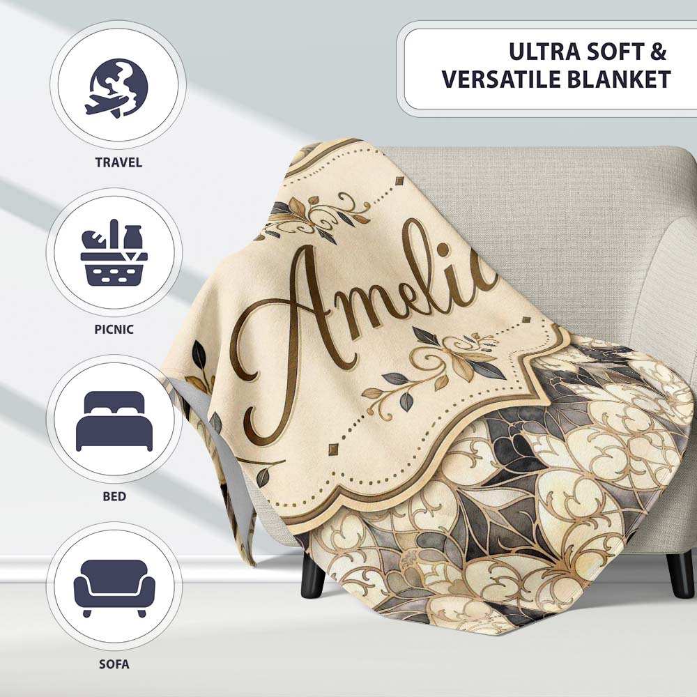 Elegant Vintage Damask Floral Beige and Charcoal Seamless Pattern Personalised Custom Name Super Soft Fleece Blanket Bed Sofa Throw