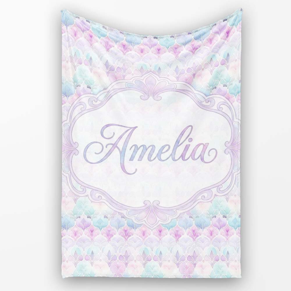 Pastel Art Deco Floral Motif Soft Gradient Seamless Pattern Lovely Personalised Custom Name Super Soft Fleece Blanket Bed Sofa Throw