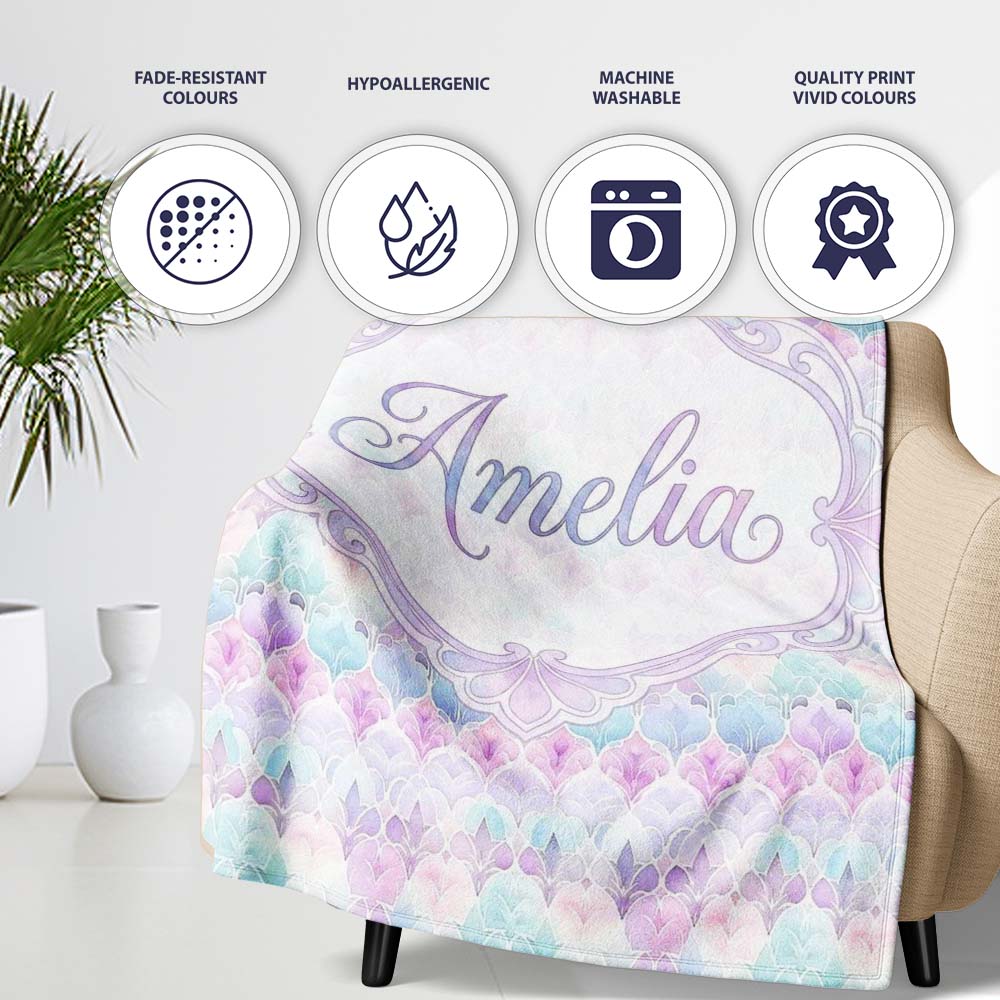 Pastel Art Deco Floral Motif Soft Gradient Seamless Pattern Lovely Personalised Custom Name Super Soft Fleece Blanket Bed Sofa Throw