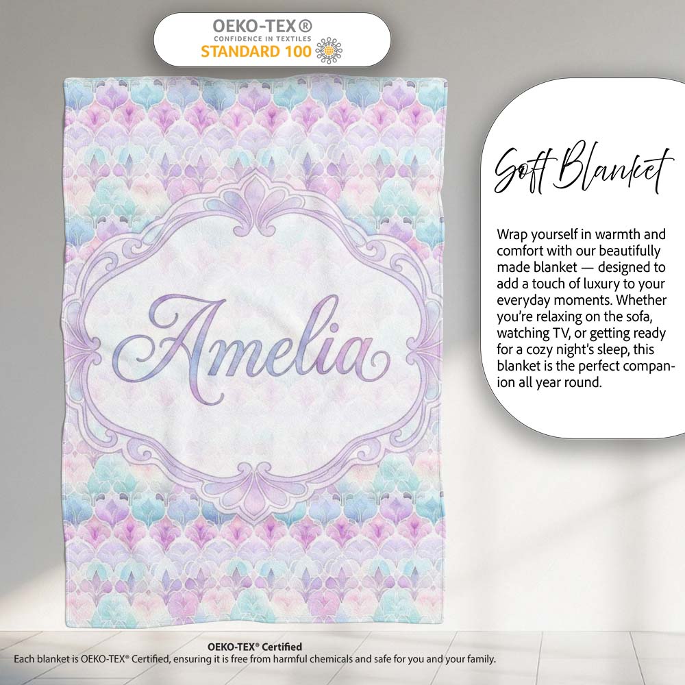 Pastel Art Deco Floral Motif Soft Gradient Seamless Pattern Lovely Personalised Custom Name Super Soft Fleece Blanket Bed Sofa Throw