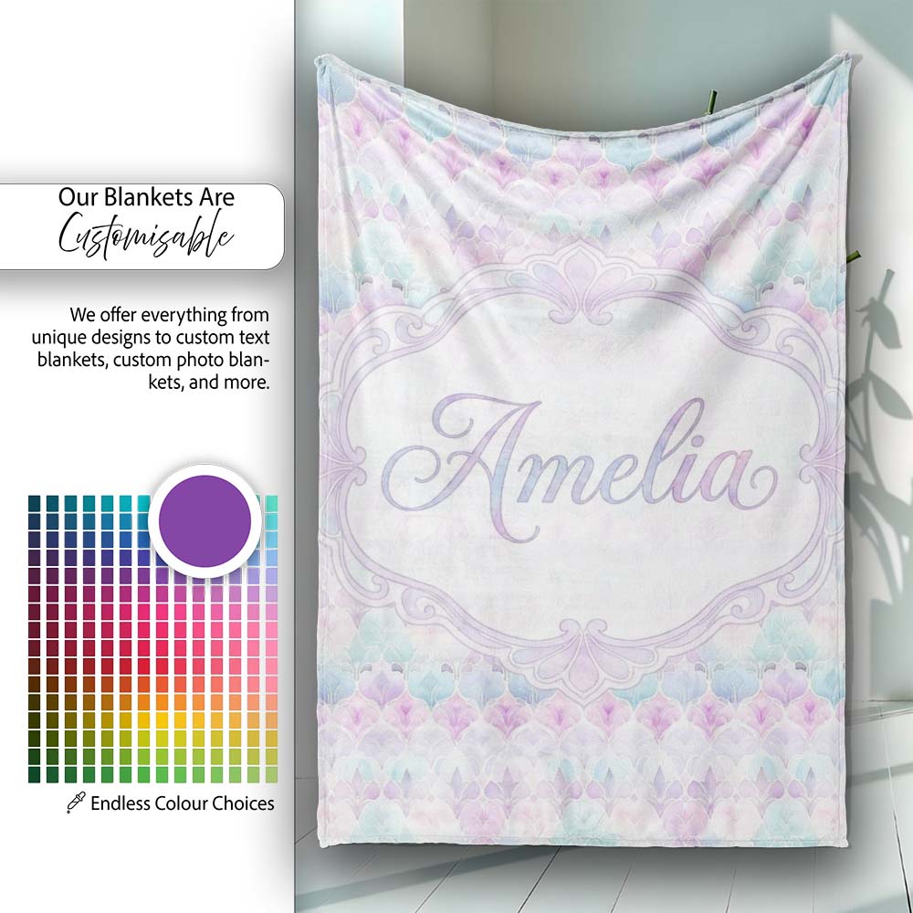 Pastel Art Deco Floral Motif Soft Gradient Seamless Pattern Lovely Personalised Custom Name Super Soft Fleece Blanket Bed Sofa Throw