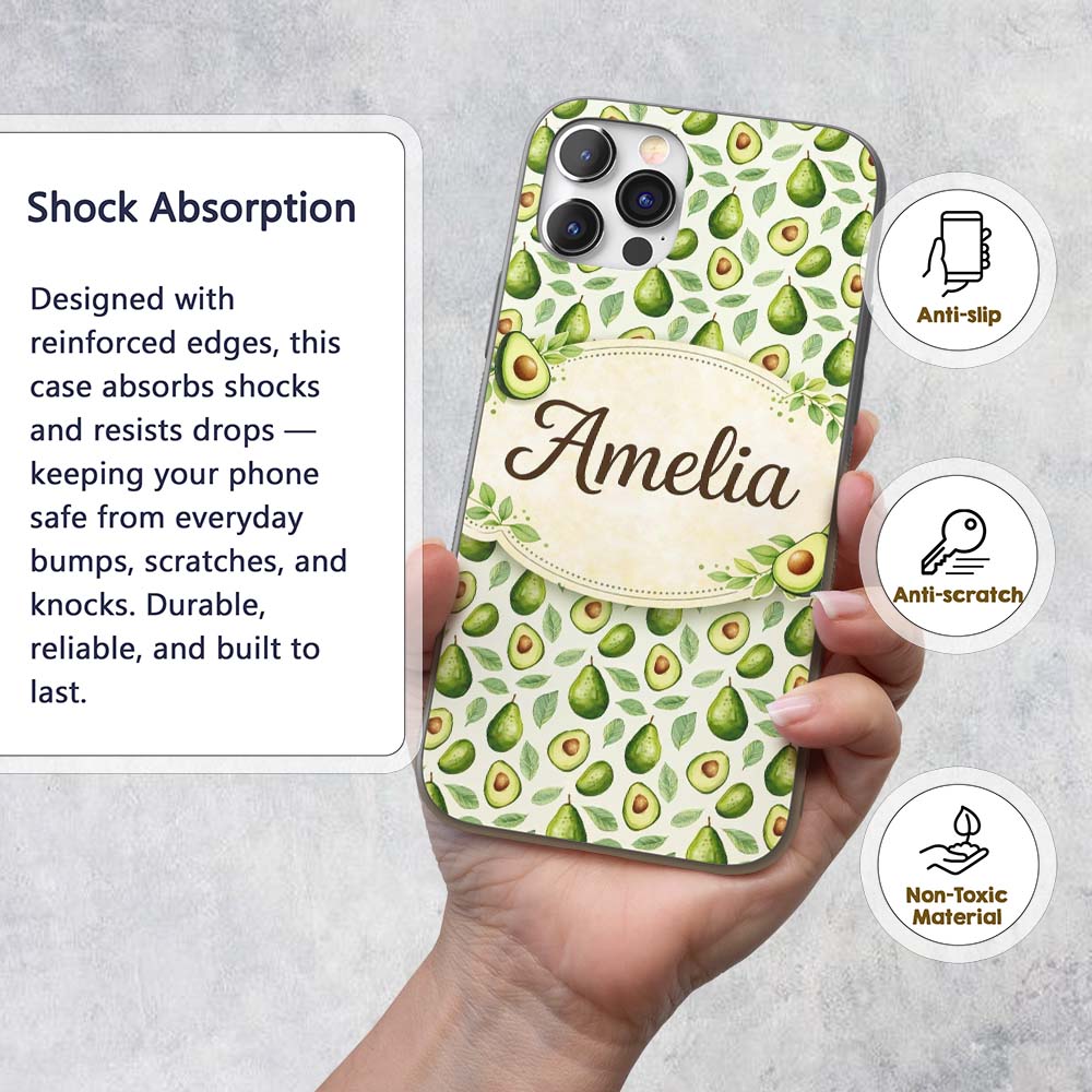 Avocado Pear Leaf Seamless Clean White Background Custom Name Protective Phone Case Mobile Cover Durable Everyday Smartphone Shock Resistant