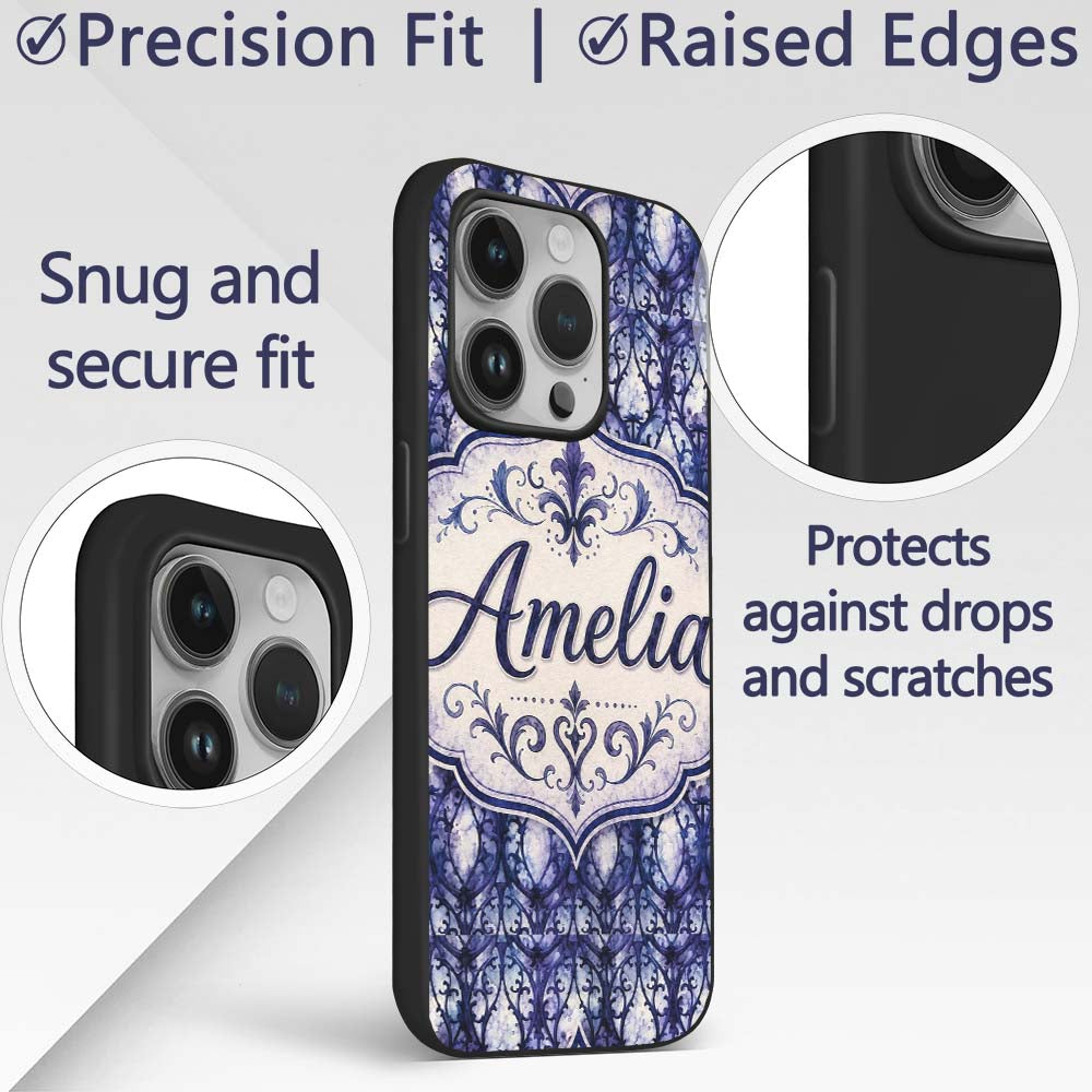 Watercolor Gothic Lattice Indigo Blue Seamless Custom Name Protective Phone Case Mobile Cover Durable Everyday Smartphone Shock Resistant