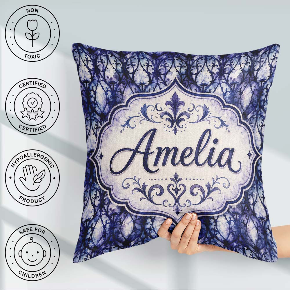 Custom Name Watercolor Gothic Lattice Indigo Blue Pattern Lovely Square Filled Cushion Throw Pillow Sofa Bed Home Decor Zip Washable UK Made