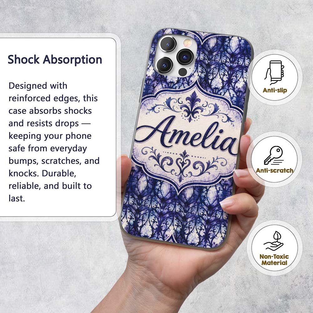 Watercolor Gothic Lattice Indigo Blue Seamless Custom Name Protective Phone Case Mobile Cover Durable Everyday Smartphone Shock Resistant