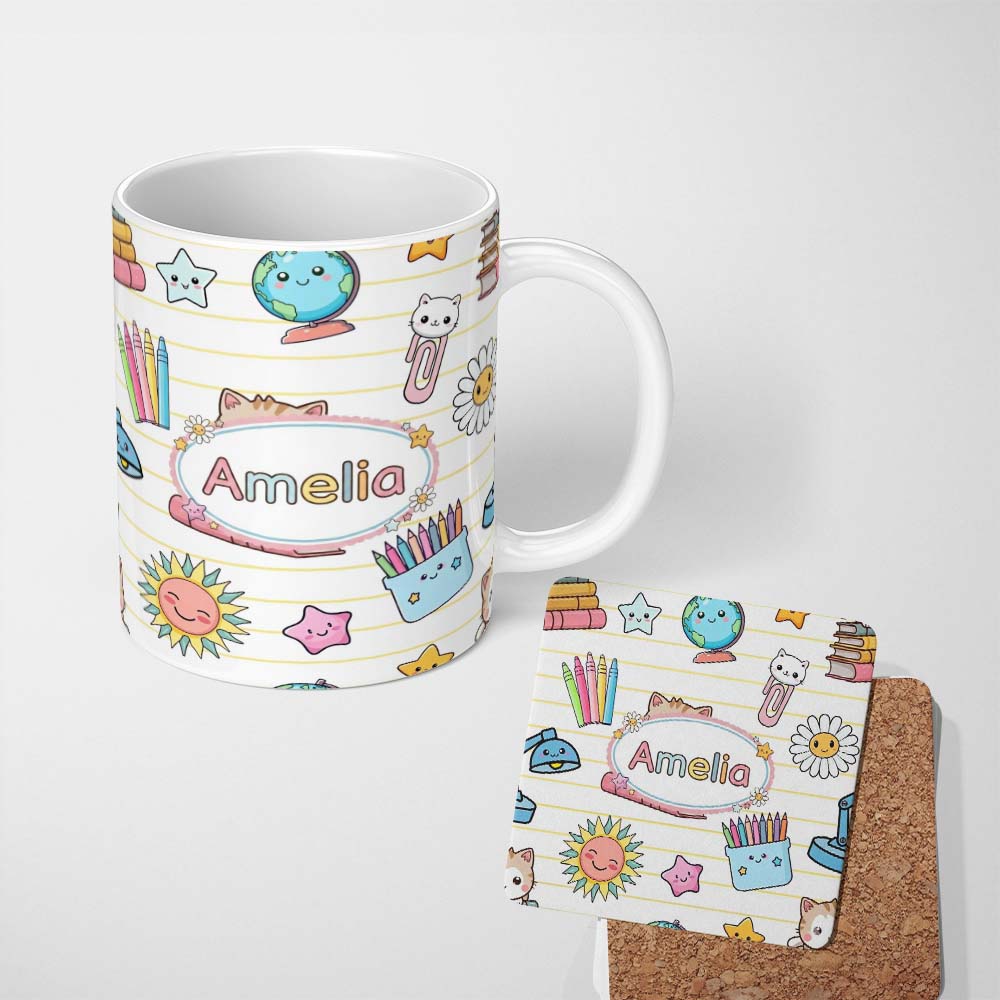 Personalized Custom Name Cute Kawaii School Cat Books Stationery Pattern Yellow Lines Lovely 11oz Ceramic Coffee Tea Mug White Large Handle