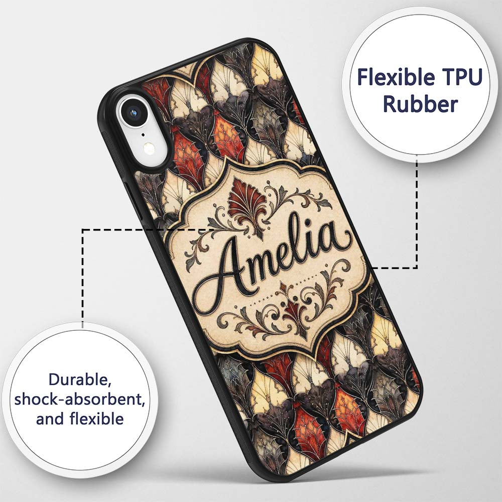 Classic Art Deco Geometric Floral Red and Black Custom Name Protective Phone Case Mobile Cover Durable Everyday Smartphone Shock Resistant