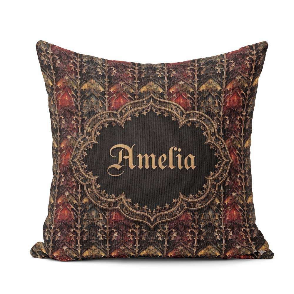Custom Name Dark Gothic Ornamental Red Gold and Charcoal Pattern Square Filled Cushion Throw Pillow Sofa Bed Home Decor Zip Washable UK Made