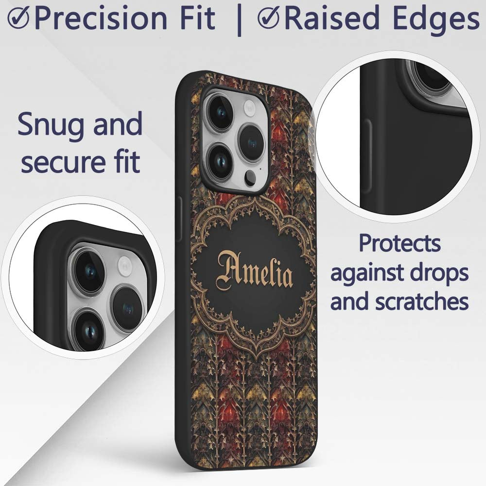 Dark Gothic Ornamental Floral Red Printed Design Custom Name Protective Phone Case Mobile Cover Durable Everyday Smartphone Shock Resistant