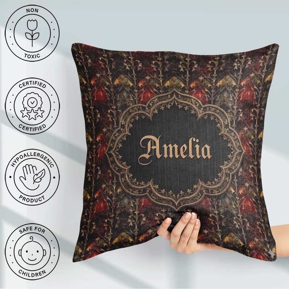 Custom Name Dark Gothic Ornamental Red Gold and Charcoal Pattern Square Filled Cushion Throw Pillow Sofa Bed Home Decor Zip Washable UK Made