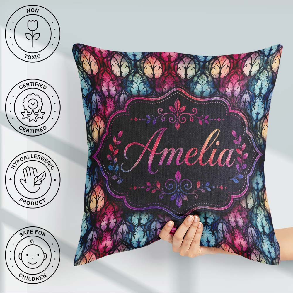 Custom Name Vibrant Art Nouveau Stained Glass Pink Blue Seamless Square Filled Cushion Throw Pillow Sofa Bed Home Decor Zip Washable UK Made