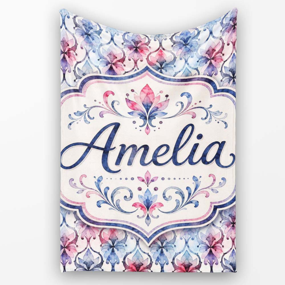 Watercolor Floral Damask Soft Blue and Red Seamless Pattern Lovely Personalised Custom Name Super Soft Fleece Blanket Bed Sofa Throw