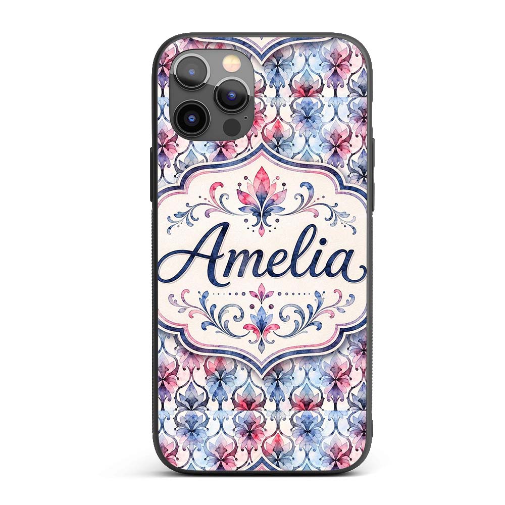 Watercolor Floral Damask Soft Blue Printed Design Custom Name Protective Phone Case Mobile Cover Durable Everyday Smartphone Shock Resistant