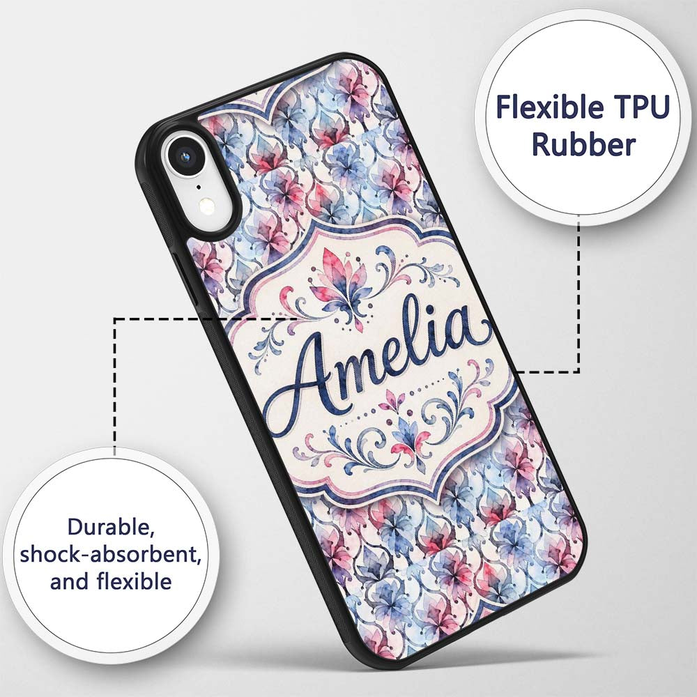 Watercolor Floral Damask Soft Blue Printed Design Custom Name Protective Phone Case Mobile Cover Durable Everyday Smartphone Shock Resistant