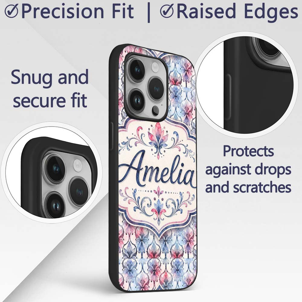Watercolor Floral Damask Soft Blue Printed Design Custom Name Protective Phone Case Mobile Cover Durable Everyday Smartphone Shock Resistant