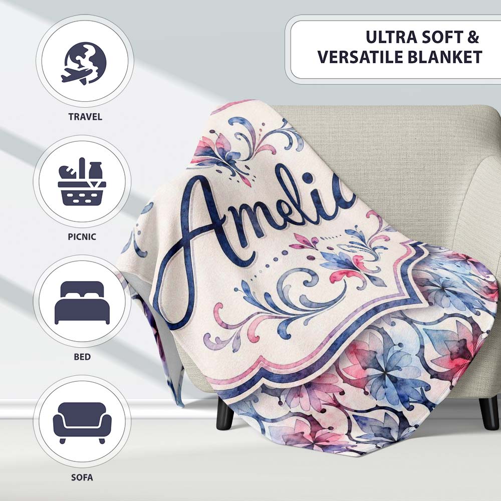 Watercolor Floral Damask Soft Blue and Red Seamless Pattern Lovely Personalised Custom Name Super Soft Fleece Blanket Bed Sofa Throw