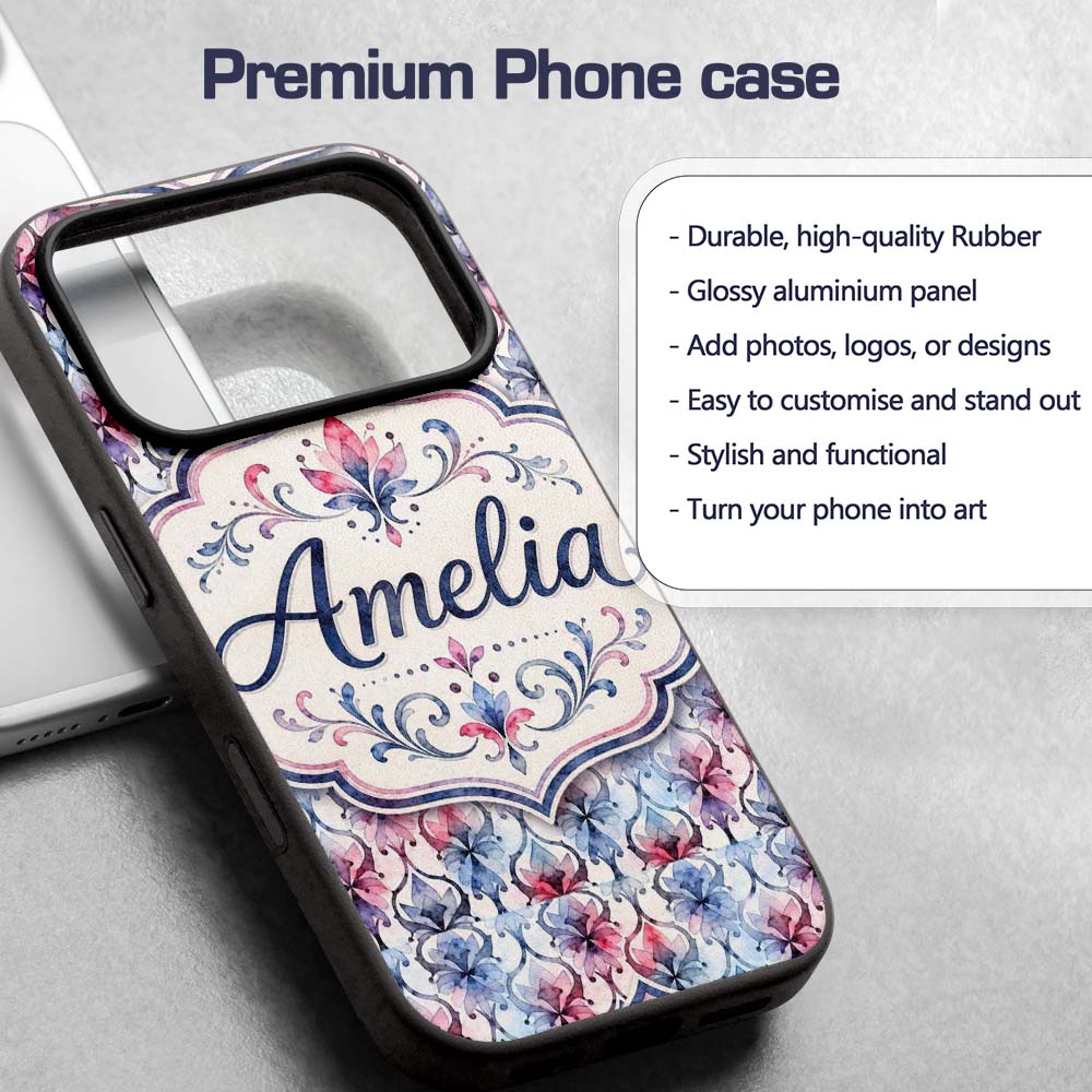 Watercolor Floral Damask Soft Blue Printed Design Custom Name Protective Phone Case Mobile Cover Durable Everyday Smartphone Shock Resistant