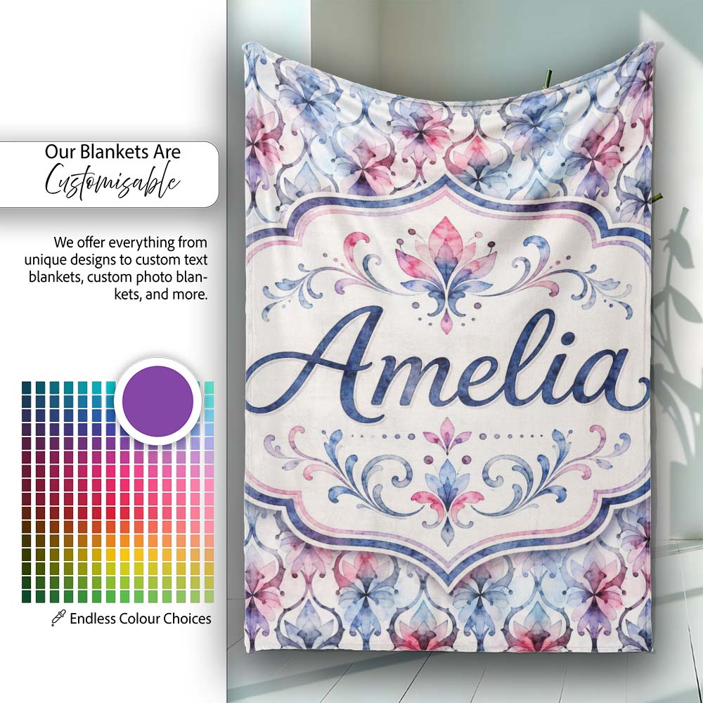 Watercolor Floral Damask Soft Blue and Red Seamless Pattern Lovely Personalised Custom Name Super Soft Fleece Blanket Bed Sofa Throw