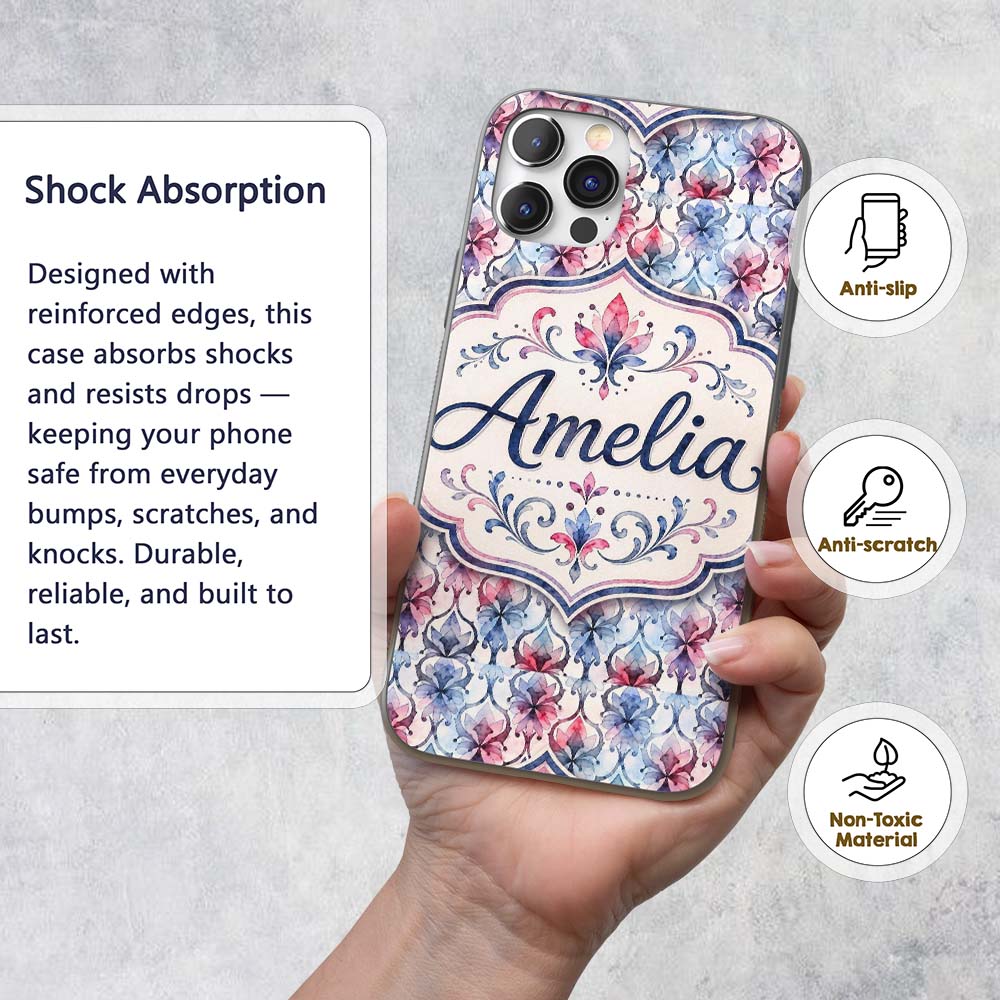 Watercolor Floral Damask Soft Blue Printed Design Custom Name Protective Phone Case Mobile Cover Durable Everyday Smartphone Shock Resistant
