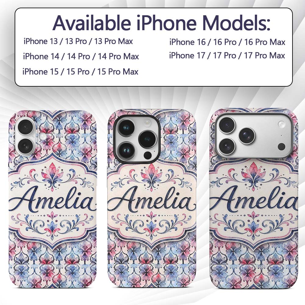 Watercolor Floral Damask Soft Blue Printed Design Custom Name Protective Phone Case Mobile Cover Durable Everyday Smartphone Shock Resistant