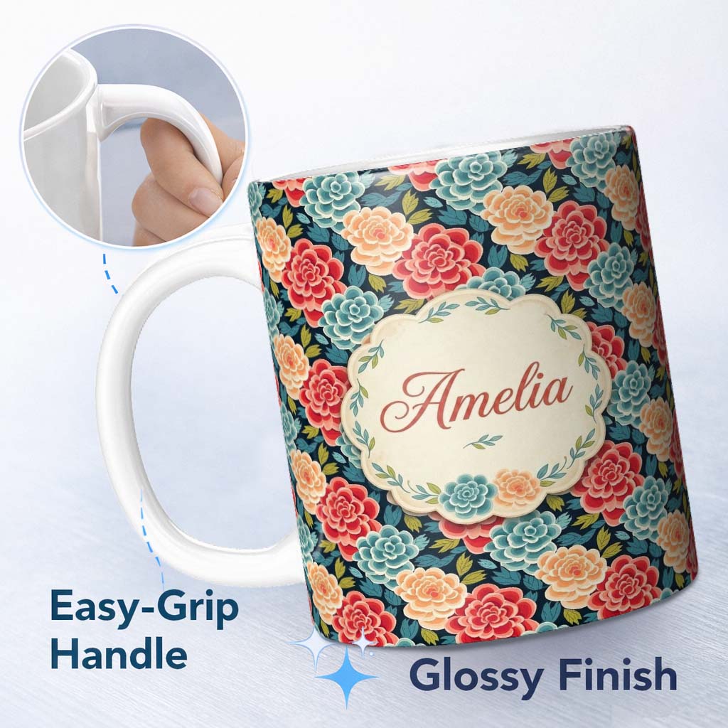 Personalized Custom Name Multicolor Floral Bloom Pattern Seamless Pattern Cute Unique Gift 11oz Ceramic Coffee Tea Mug White Large Handle