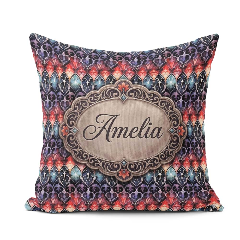 Custom Name Elegant Gothic Floral Motif Red Blue Purple Seamless Square Filled Cushion Throw Pillow Sofa Bed Home Decor Zip Washable UK Made