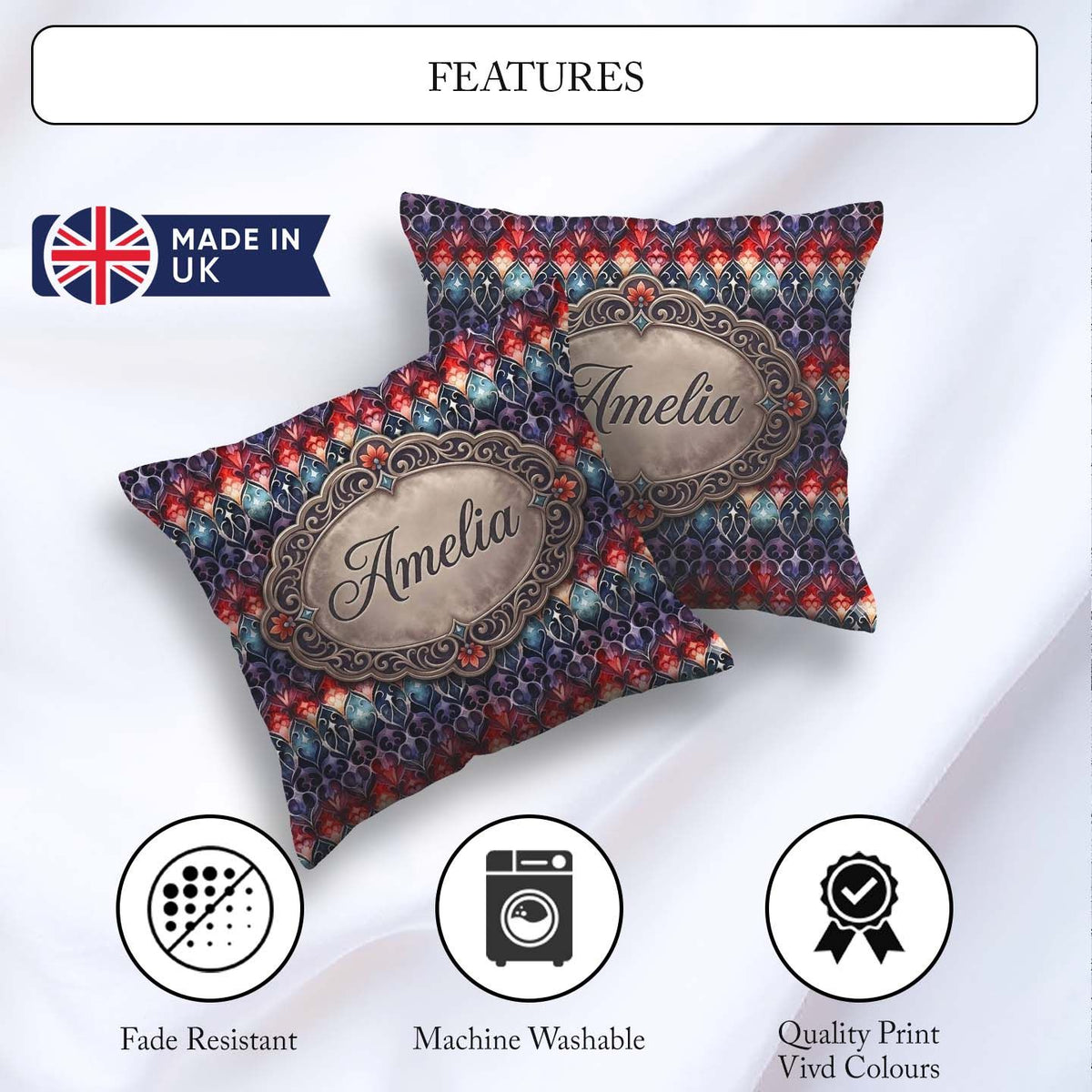 Custom Name Elegant Gothic Floral Motif Red Blue Purple Seamless Square Filled Cushion Throw Pillow Sofa Bed Home Decor Zip Washable UK Made