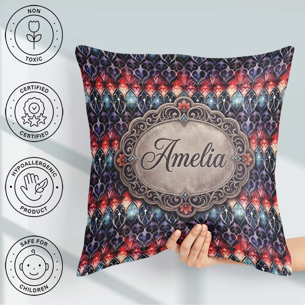 Custom Name Elegant Gothic Floral Motif Red Blue Purple Seamless Square Filled Cushion Throw Pillow Sofa Bed Home Decor Zip Washable UK Made