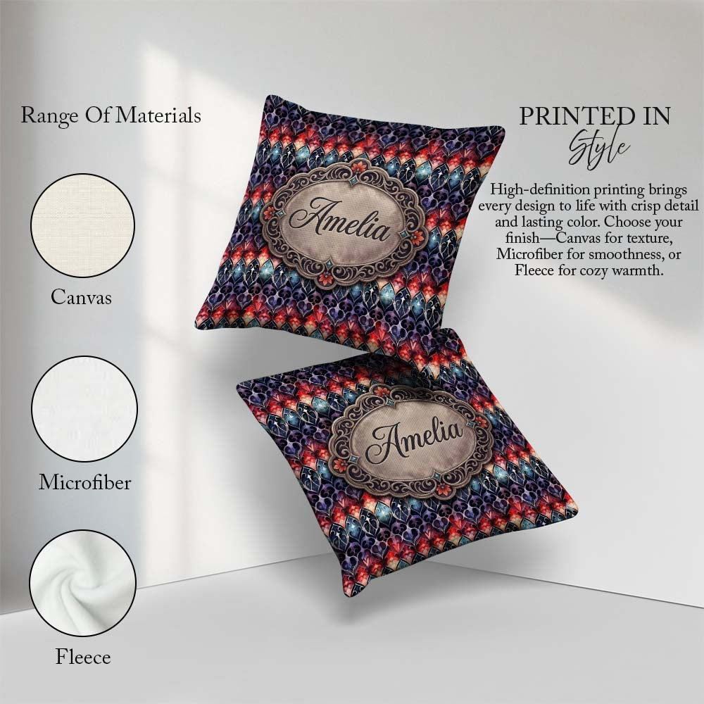 Custom Name Elegant Gothic Floral Motif Red Blue Purple Seamless Square Filled Cushion Throw Pillow Sofa Bed Home Decor Zip Washable UK Made