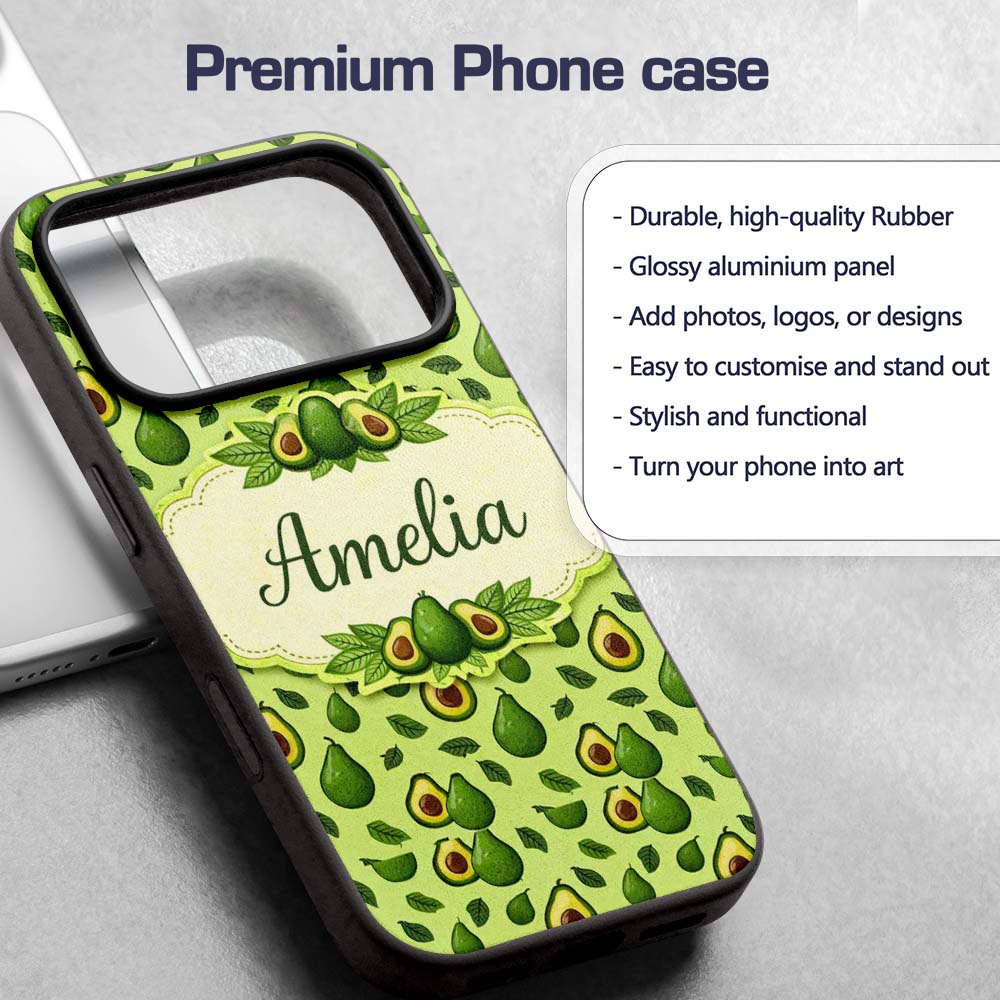 Dark Avocado Leaf Seamless Pattern Printed Design Custom Name Protective Phone Case Mobile Cover Durable Everyday Smartphone Shock Resistant