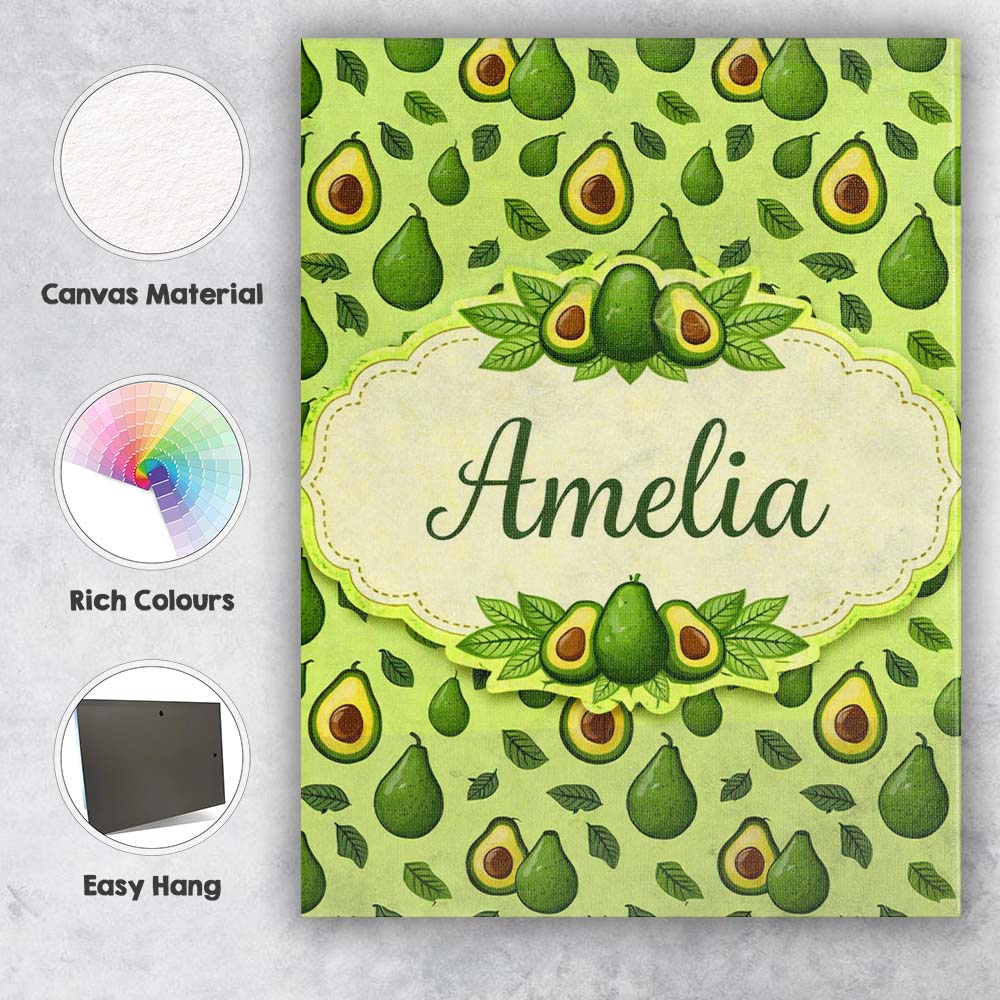 Personalised Name Dark Avocado Leaf Seamless Pattern Black Background Custom Home Unique Canvas Wall Art Print Decor Picture Ready to Hang