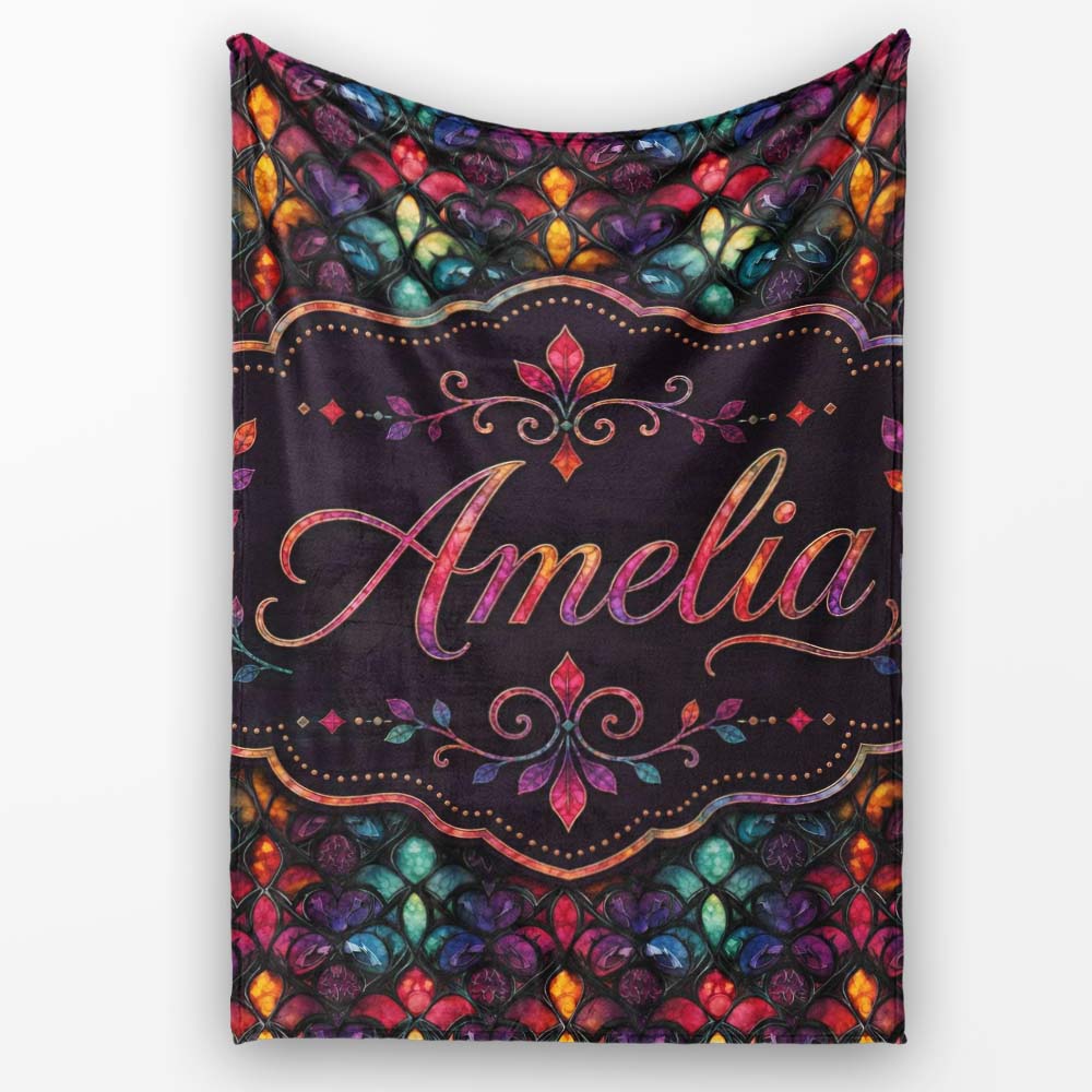 Rich Jewel Tone Abstract Floral Tile Pattern Seamless Pattern Lovely Personalised Custom Name Super Soft Fleece Blanket Bed Sofa Throw