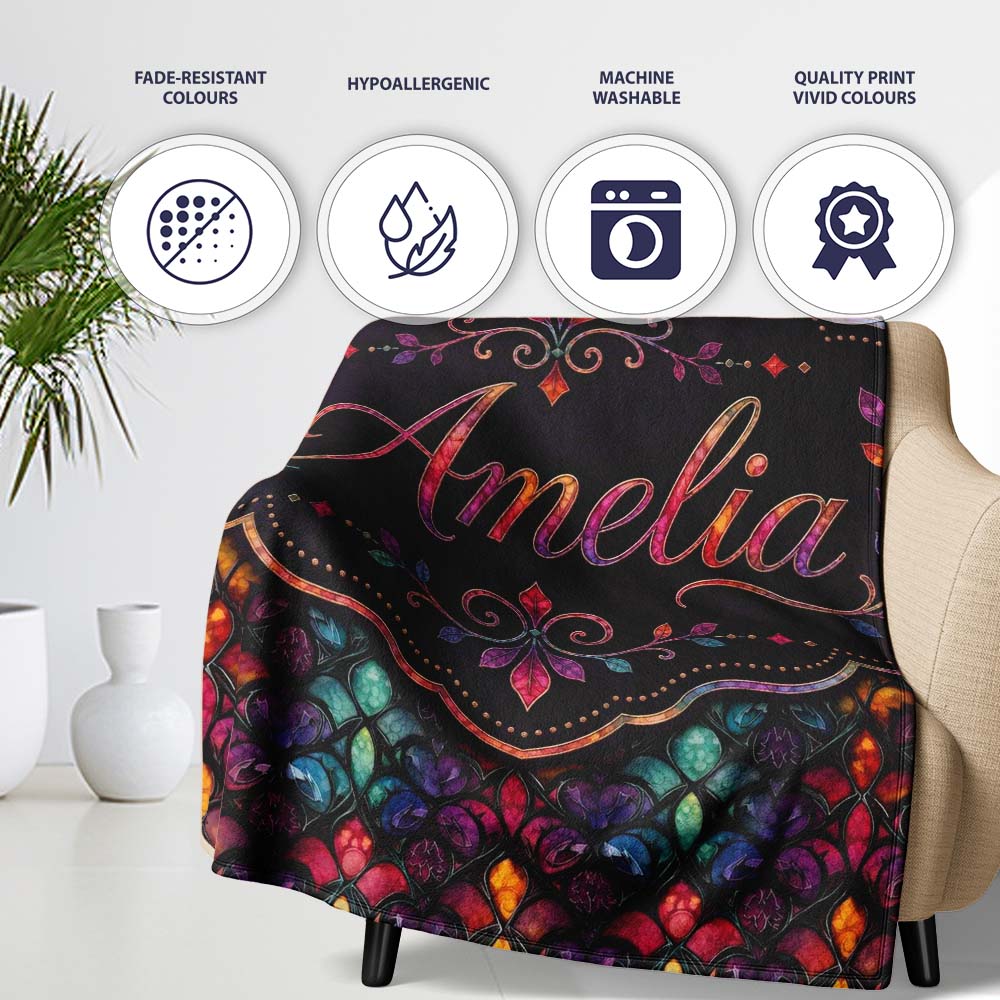 Rich Jewel Tone Abstract Floral Tile Pattern Seamless Pattern Lovely Personalised Custom Name Super Soft Fleece Blanket Bed Sofa Throw
