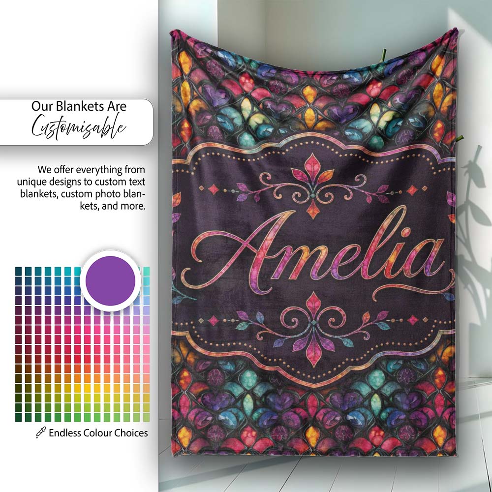 Rich Jewel Tone Abstract Floral Tile Pattern Seamless Pattern Lovely Personalised Custom Name Super Soft Fleece Blanket Bed Sofa Throw