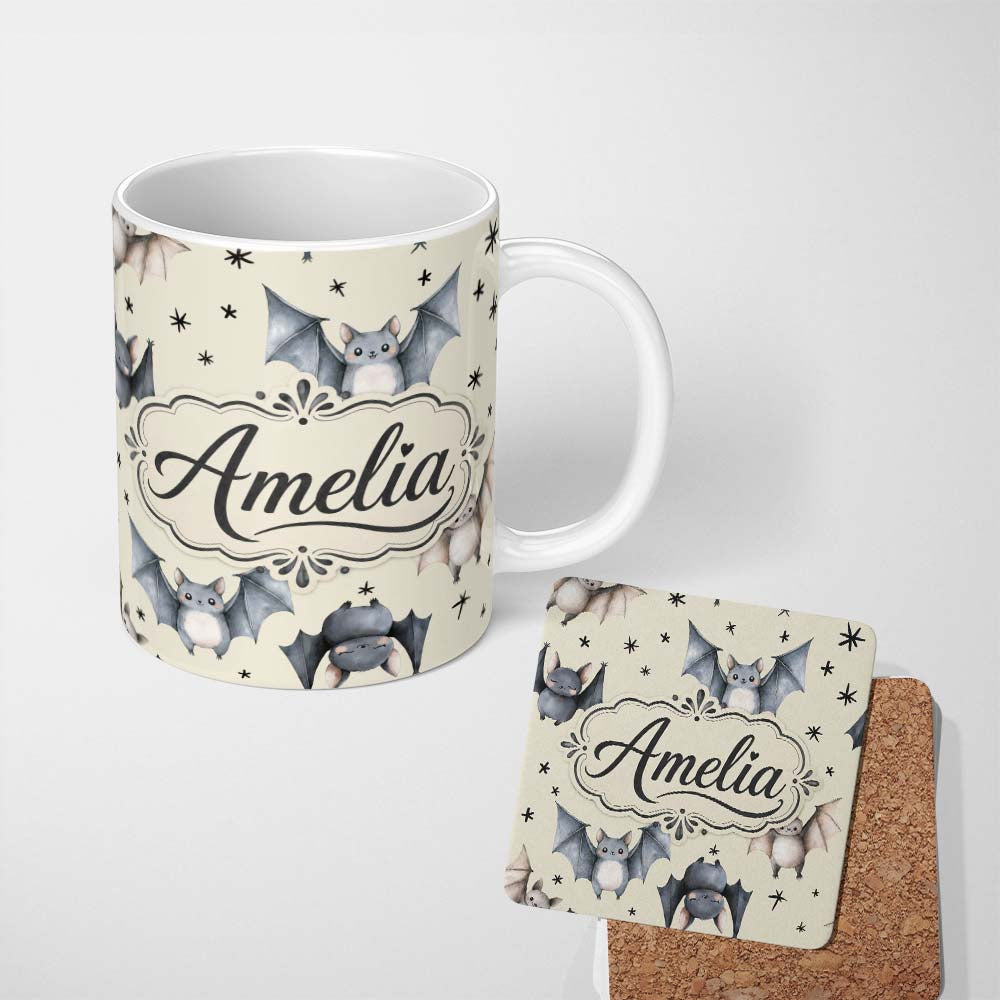 Personalized Custom Name Cute Watercolor Bats and Stars Seamless Pattern Beige Background 11oz Ceramic Coffee Tea Mug White Large Handle