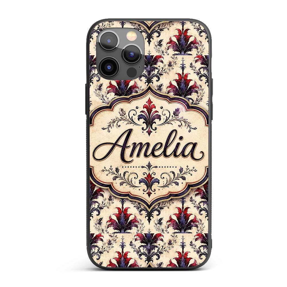Vintage Floral Damask Red and Purple on Cream Custom Name Protective Phone Case Mobile Cover Durable Everyday Smartphone Shock Resistant