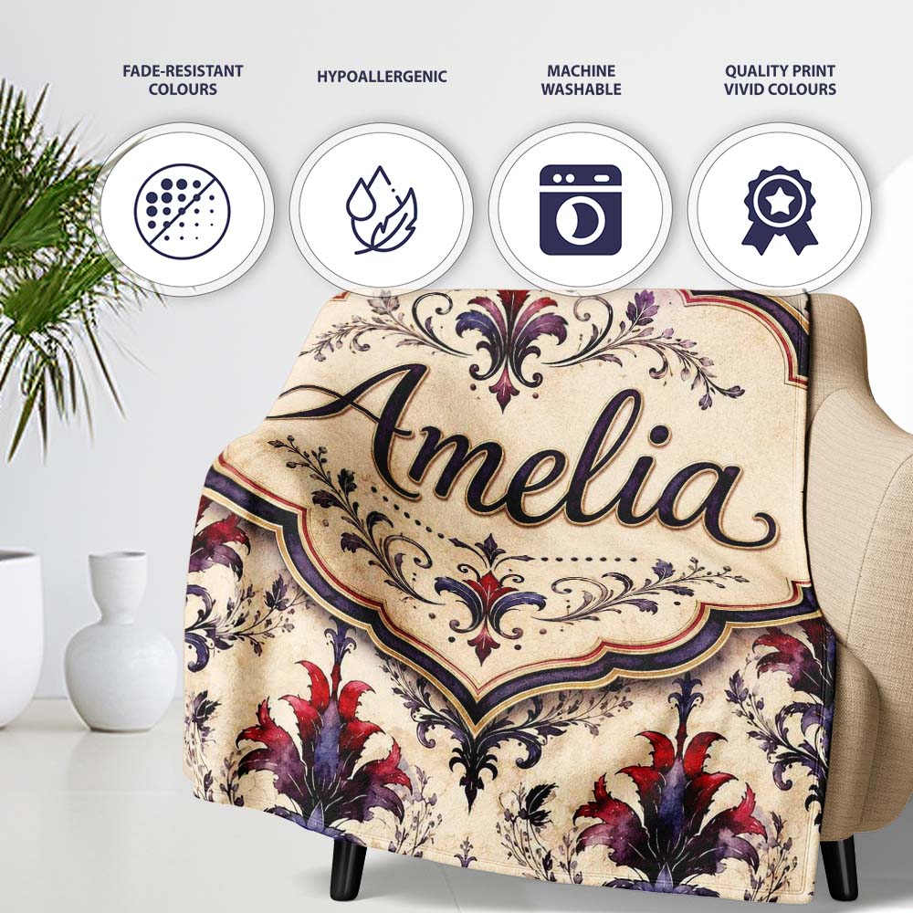 Vintage Floral Damask Red and Purple on Cream Seamless Pattern Personalised Custom Name Super Soft Fleece Blanket Bed Sofa Throw