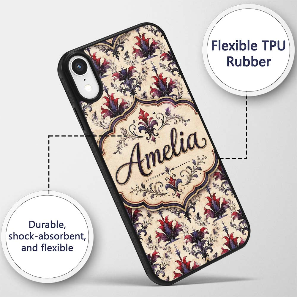 Vintage Floral Damask Red and Purple on Cream Custom Name Protective Phone Case Mobile Cover Durable Everyday Smartphone Shock Resistant
