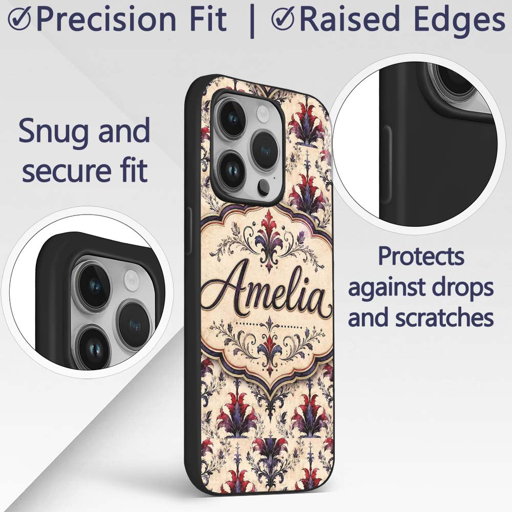 Vintage Floral Damask Red and Purple on Cream Custom Name Protective Phone Case Mobile Cover Durable Everyday Smartphone Shock Resistant