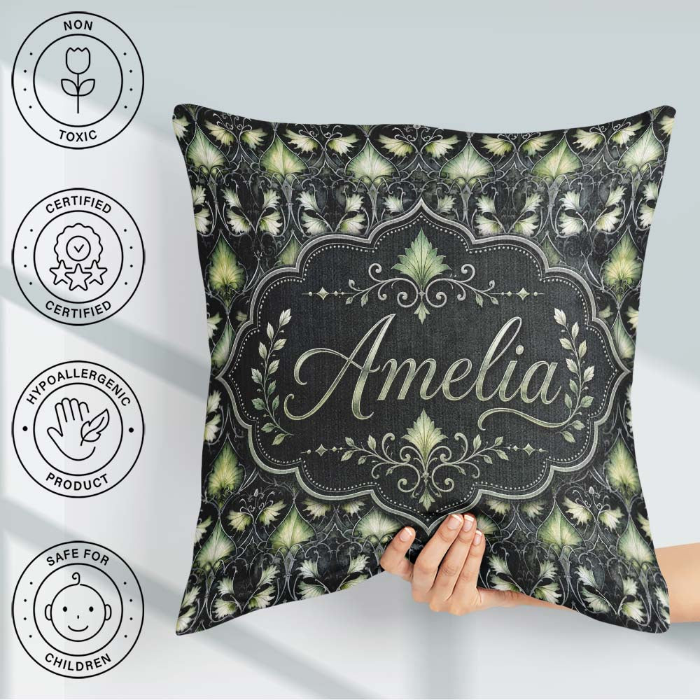 Custom Name Dark Botanical Art Nouveau Green and Black Seamless Square Filled Cushion Throw Pillow Sofa Bed Home Decor Zip Washable UK Made