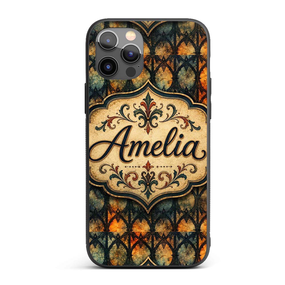 Gothic Stained Glass Arch Warm Orange and Teal Custom Name Protective Phone Case Mobile Cover Durable Everyday Smartphone Shock Resistant