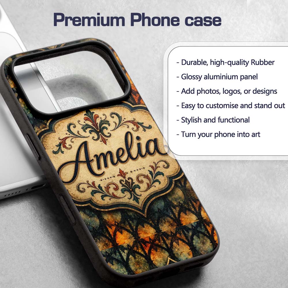 Gothic Stained Glass Arch Warm Orange and Teal Custom Name Protective Phone Case Mobile Cover Durable Everyday Smartphone Shock Resistant