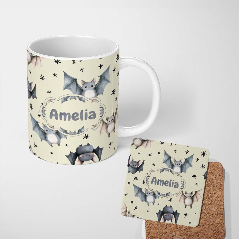 Personalized Custom Name Cute Baby Bats with Stars Night Sky Beige Background Seamless 11oz Ceramic Coffee Tea Mug White Large Handle