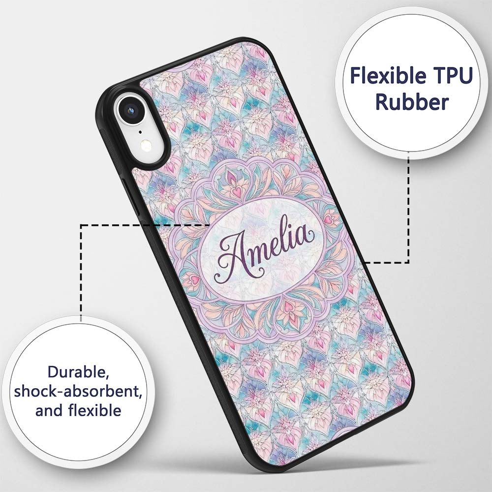 Pastel Art Nouveau Floral Soft Pink and Blue Custom Name Protective Phone Case Mobile Cover Durable Everyday Smartphone Shock Resistant