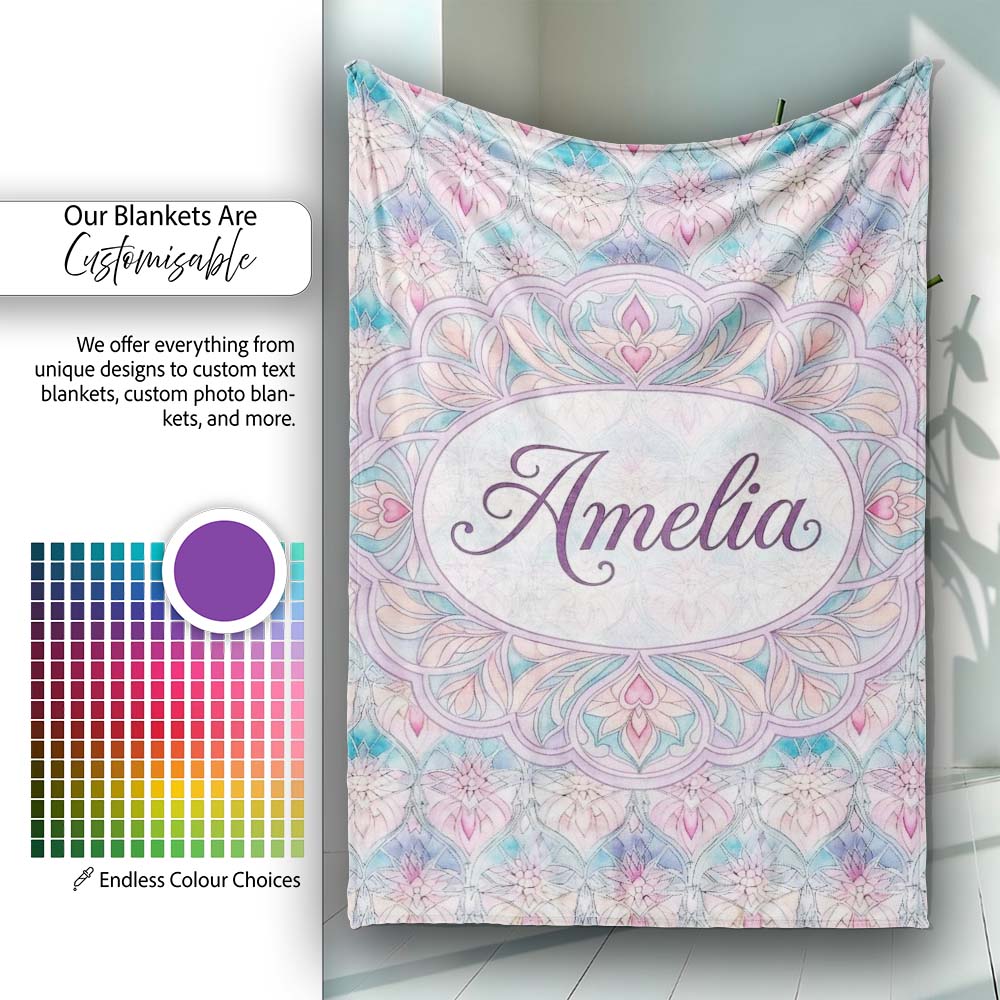 Pastel Art Nouveau Floral Soft Pink and Blue Seamless Pattern Lovely Personalised Custom Name Super Soft Fleece Blanket Bed Sofa Throw