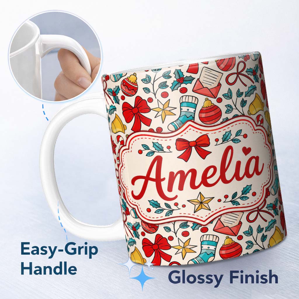 Personalized Custom Name Christmas Bow Bell Ornament Holly Seamless Pattern Cute Unique Gift 11oz Ceramic Coffee Tea Mug White Large Handle