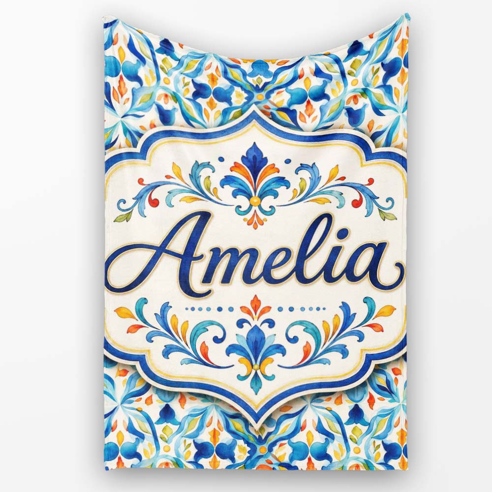 Watercolor Mediterranean Tile Blue and Orange Floral Seamless Lovely Personalised Custom Name Super Soft Fleece Blanket Bed Sofa Throw