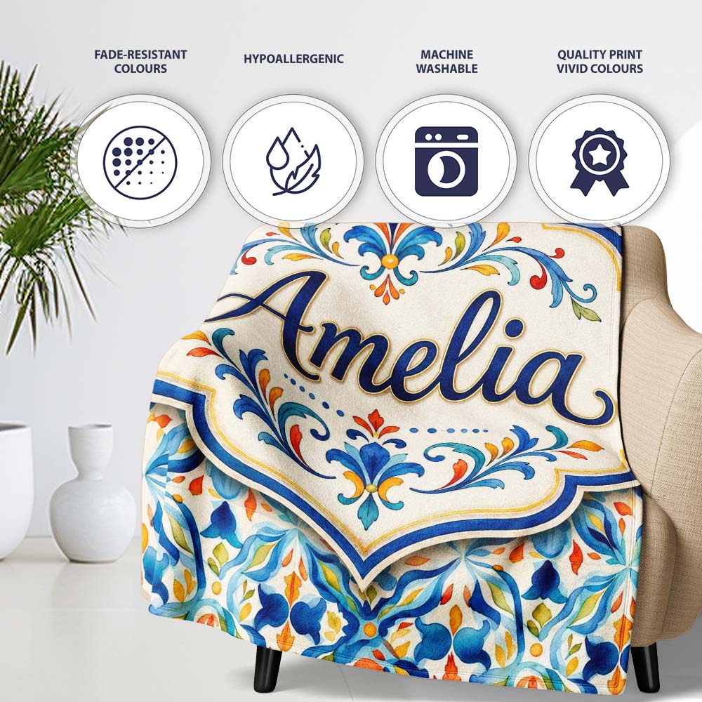 Watercolor Mediterranean Tile Blue and Orange Floral Seamless Lovely Personalised Custom Name Super Soft Fleece Blanket Bed Sofa Throw